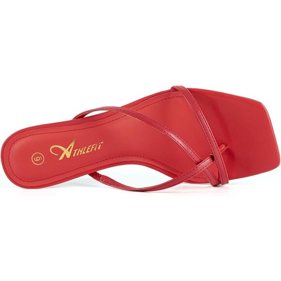 Athlefit Women's Red Polyurethane Square Open Toe Kitten Heels Thong Sandals - Picture 3 of 6